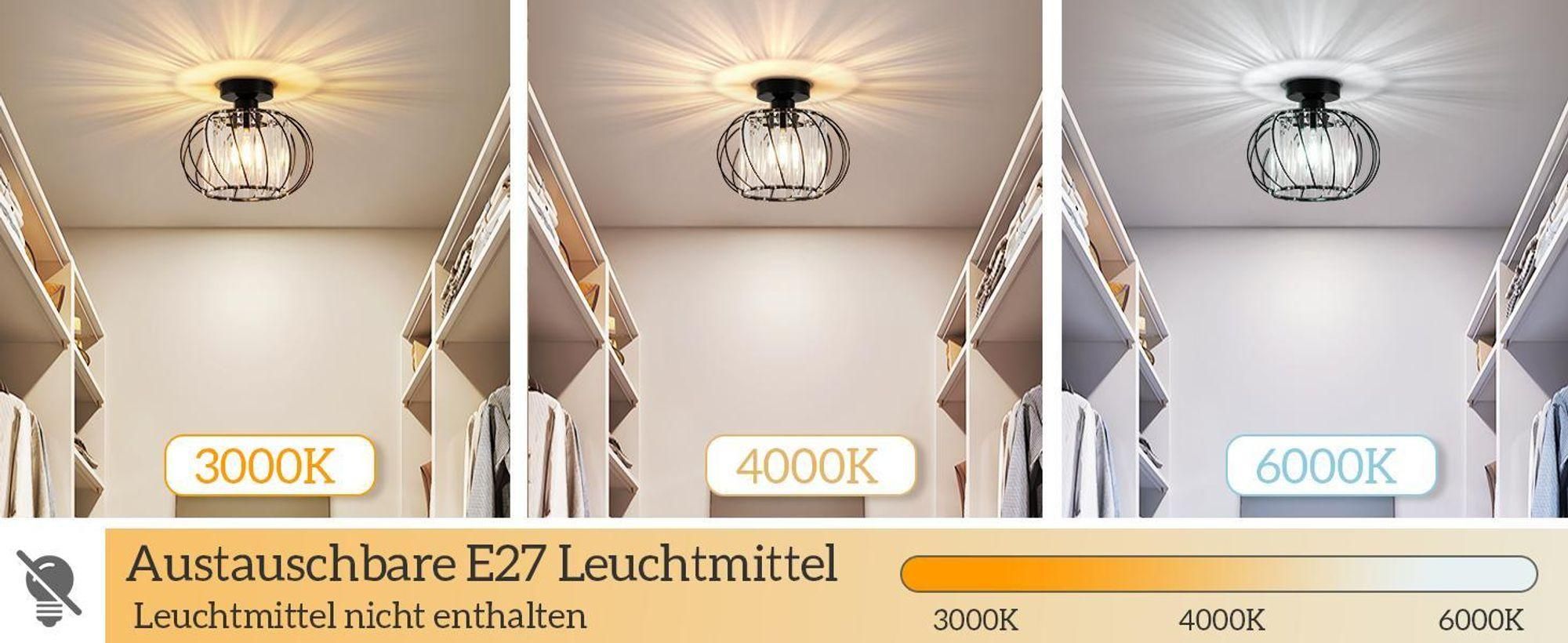 ZMH Deckenleuchte Kristall Deckenlampe 25cm Flur Flurlampe Deck Küchenlampe E27 Metall Schwarz Innen Deckenbeleuchtung für Küche Wohnzimmer Hotel