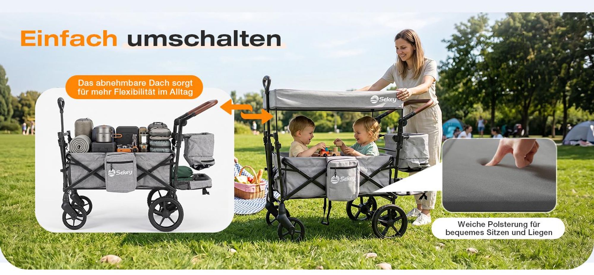 Sekey Bollerwagen Faltbar mit Dach Kinder Bollerwagen mit XXL-Rädern (24/20 cm), mit Zieh-/Schiebegriff, mit schwarz-weißer Paspelierung, Grau
