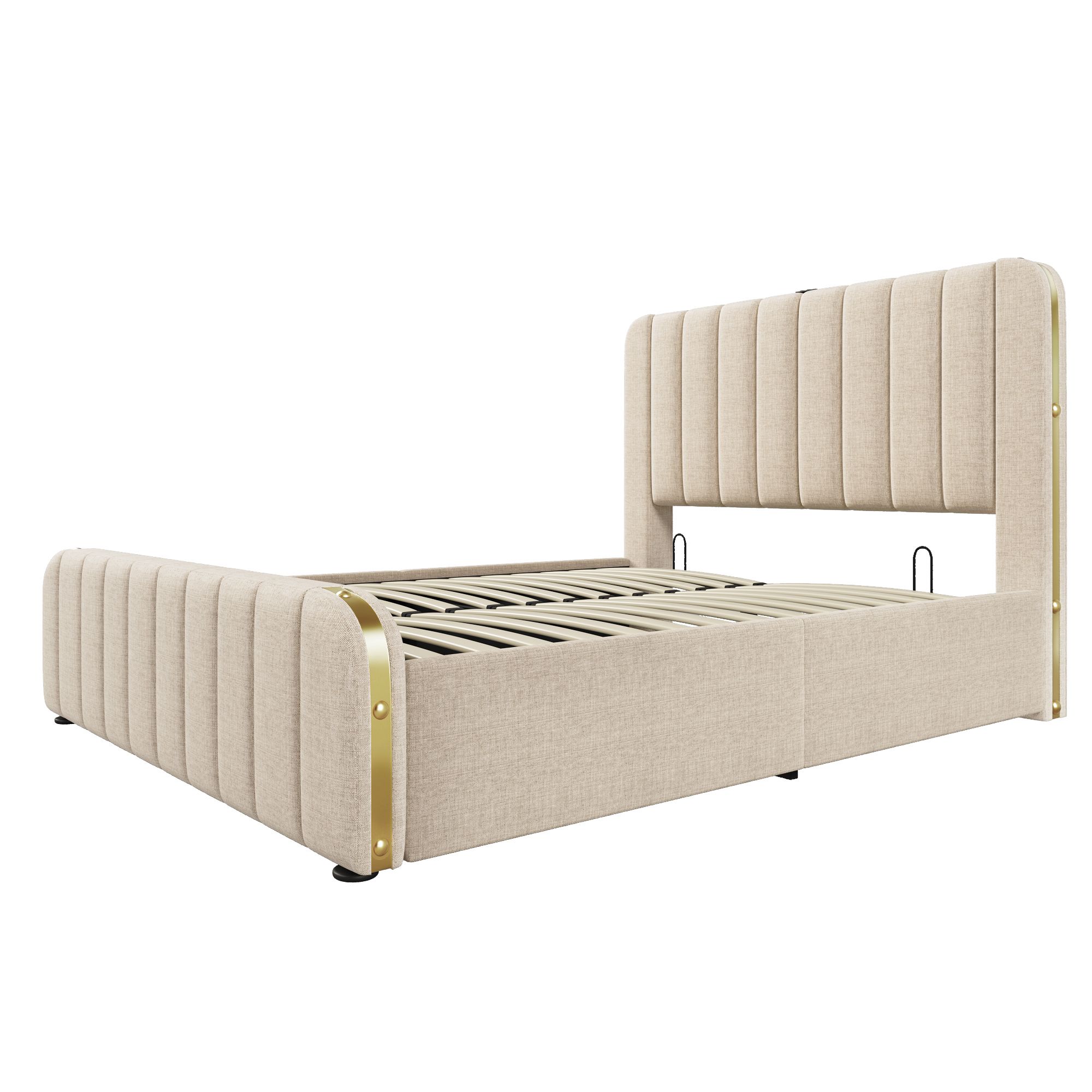 Flieks Polsterbett 160x200cm mit Ladefunktion (USB, Typ-C), Doppelbett Stauraumbett mit Lattenrost, Hydraulisches Jugendbett Boxspringbett, Leinen