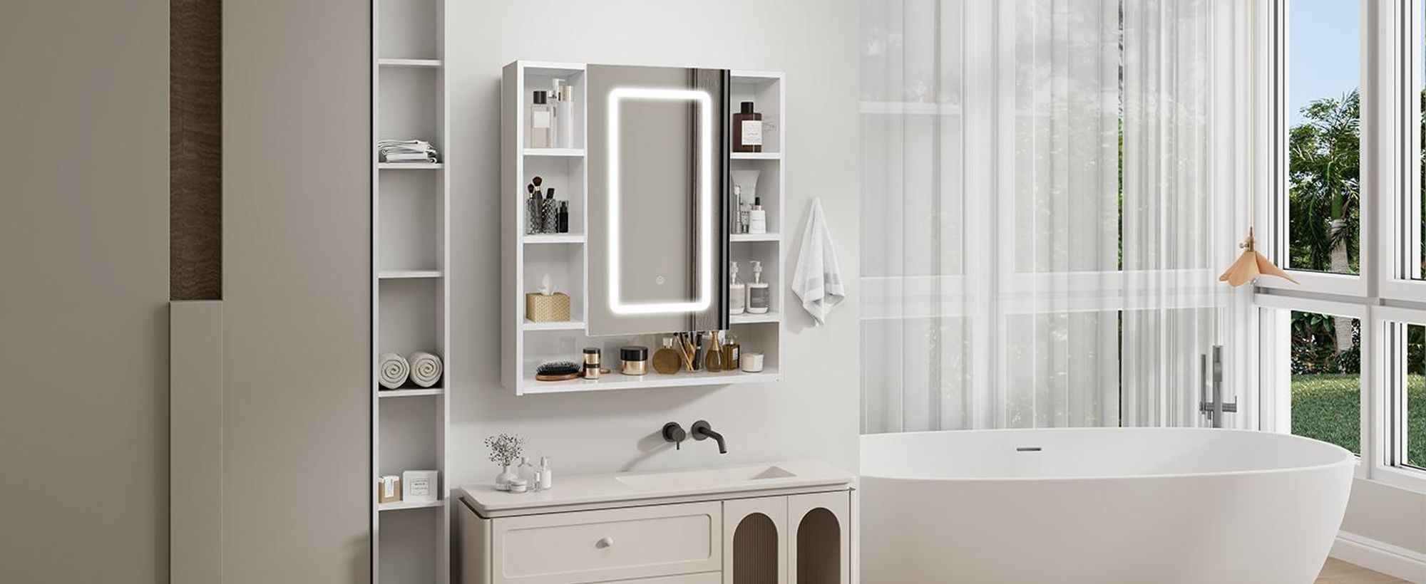 Puluomis Spiegelschrank Bad mit 3 färbiger dimmbarer Beleuchtung，Badezimmerschrank mit Papierschublade Wandschrank Badezimmer Weiß