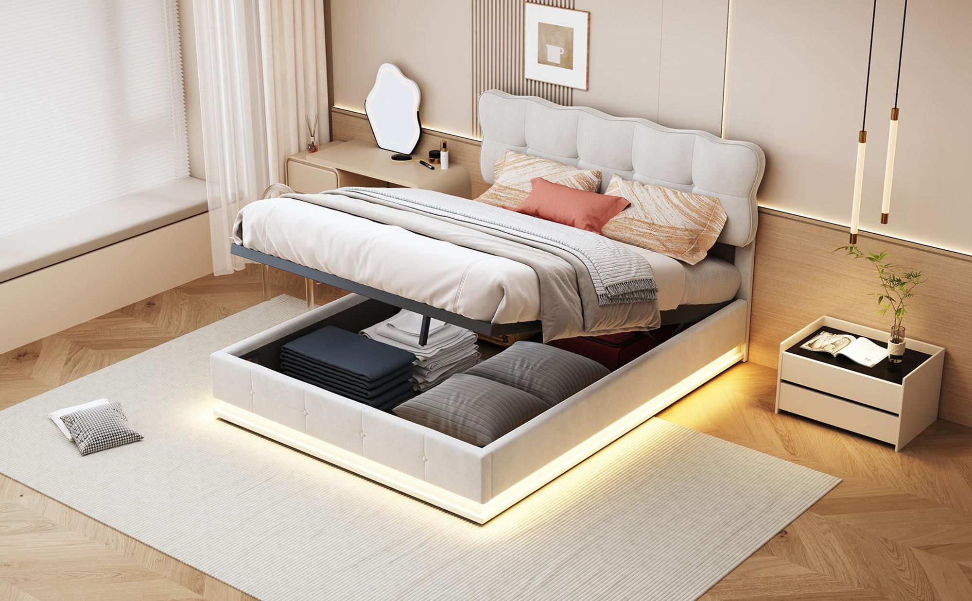 INONEFT Bett 160x200 mit Stauraum, Polsterbett Doppelbett mit LED Beleuchtung, Hydraulisch Stauraumbett, Jugendbett, Samt, Beige