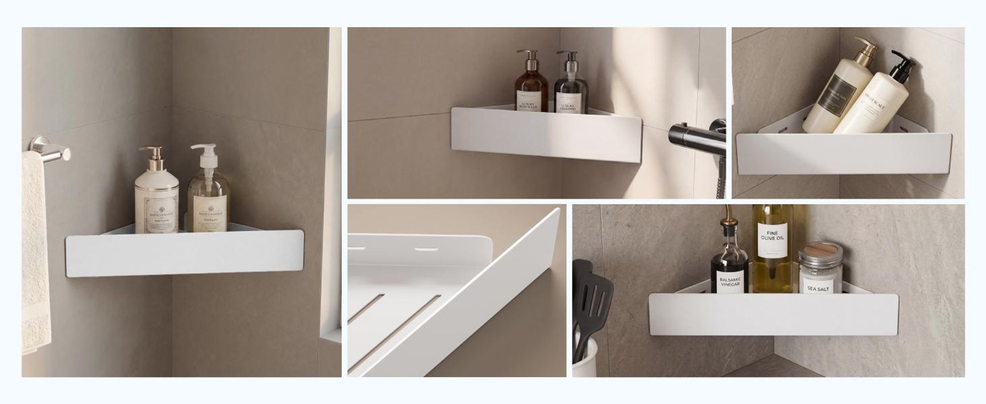 doporro Duschablage ohne Bohren Ecke, Duschregal zum Kleben, Eckregal Bad, Badezimmer Organizer, Wandregal für Shampoo und Duschgel, Sandweiß Reglo-07