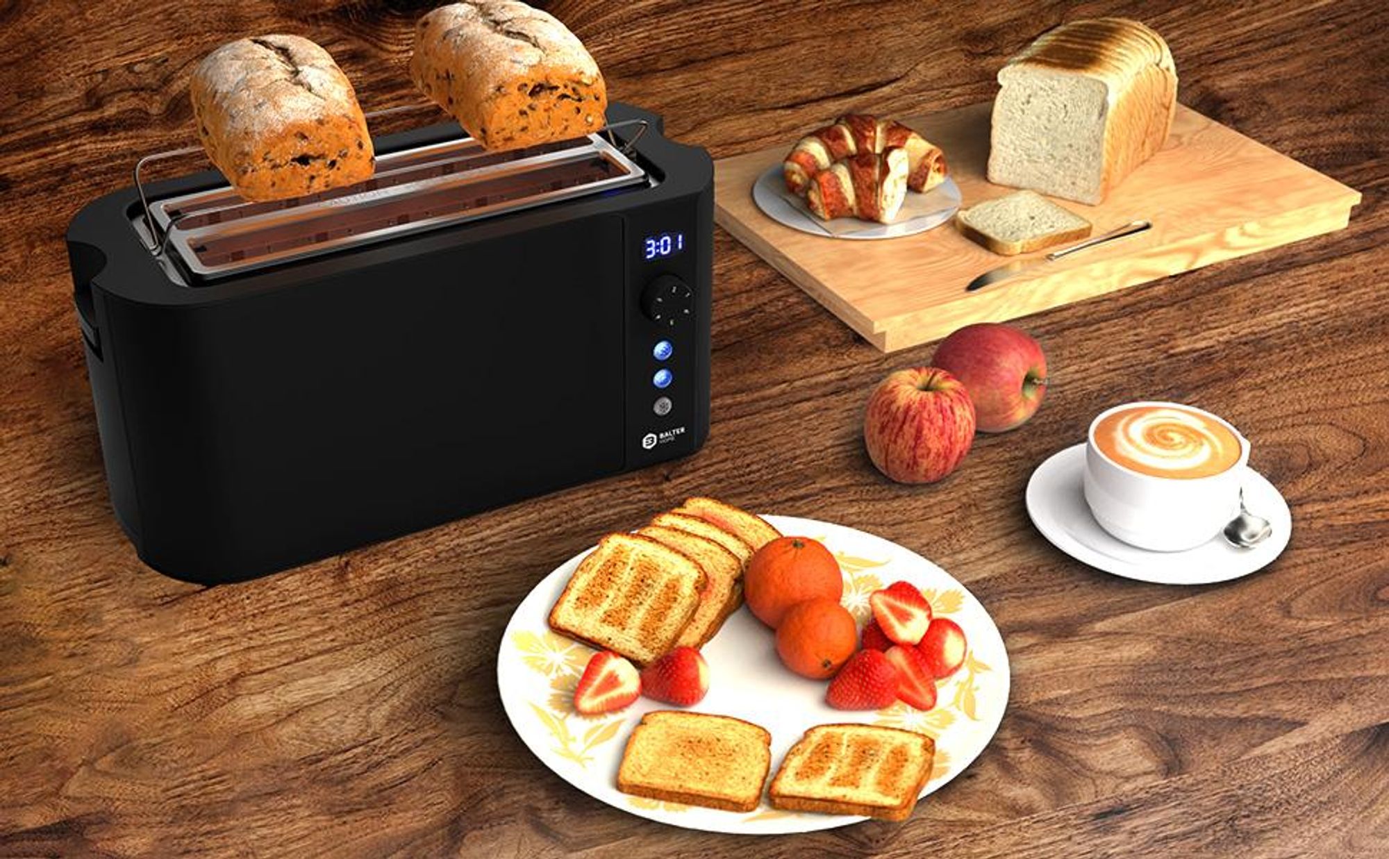 Balter Toaster 4 Scheiben, Edelstahl, Langschlitztoaster mit Brötchenaufsatz, 1500W, LCD Display, Defrost-/Aufwärmfunktion, Krümelschublade, Schwarz