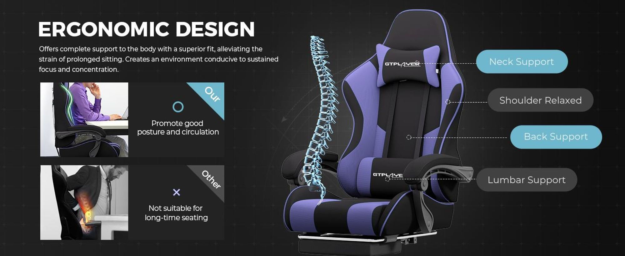 GTPLAYER Kancelářská židle Herní židle Látkové herní křeslo Ergonomická herní židle s podnožkou, bederní opěrka hlavy, čalouněná herní židle, fialová