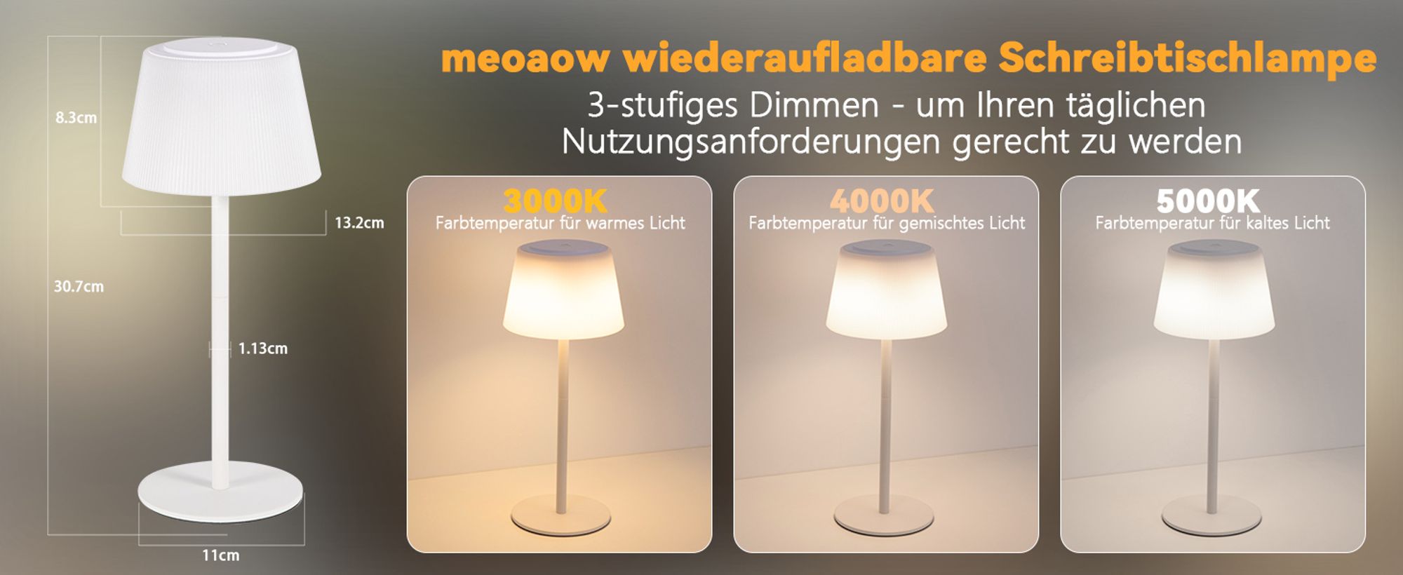 ZMH Tischlampe Kabellos Nachttischlampe Akku LED Tischleuchte Touch Dimmbar Lampe mit USB Aufladbar Weiß 3600mhA Batterie Tischlampen für Modern Wohnzimmer Schlafzimmer Outdoor