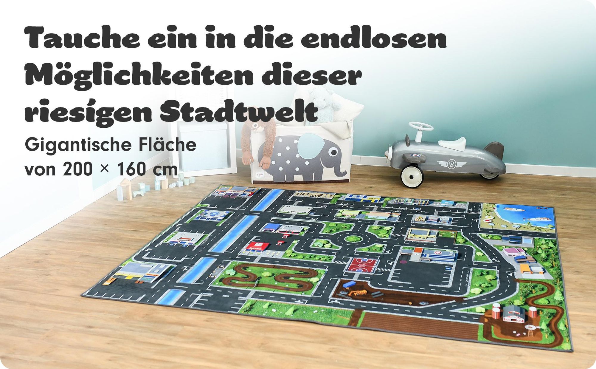SkippiDoo Kinder Spielteppich Straßenteppich (200x160 cm) - rutschfest & -zertifziert - Teppich Jungen & Mädchen Kinderzimmer, Kinderteppich