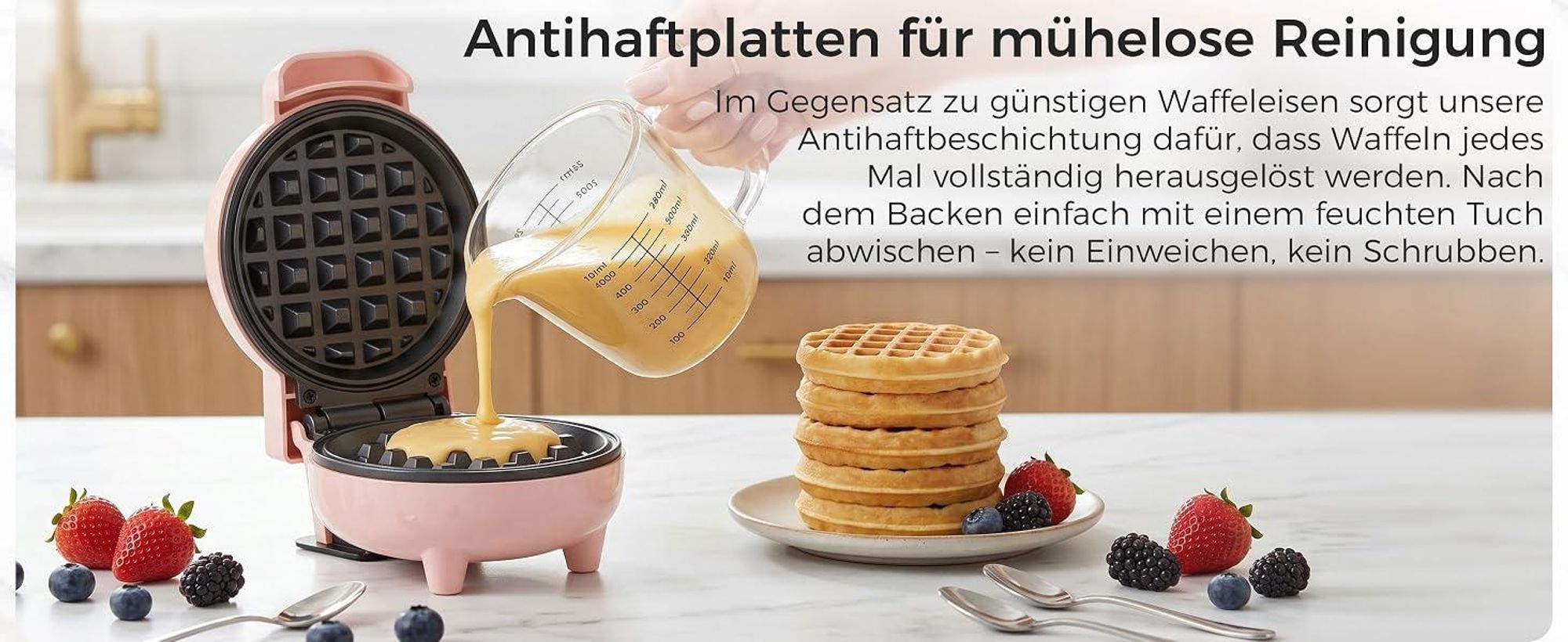 YASHE Mini Waffeleisen 550W, Antihaft-Waffelmaschine, Rosa