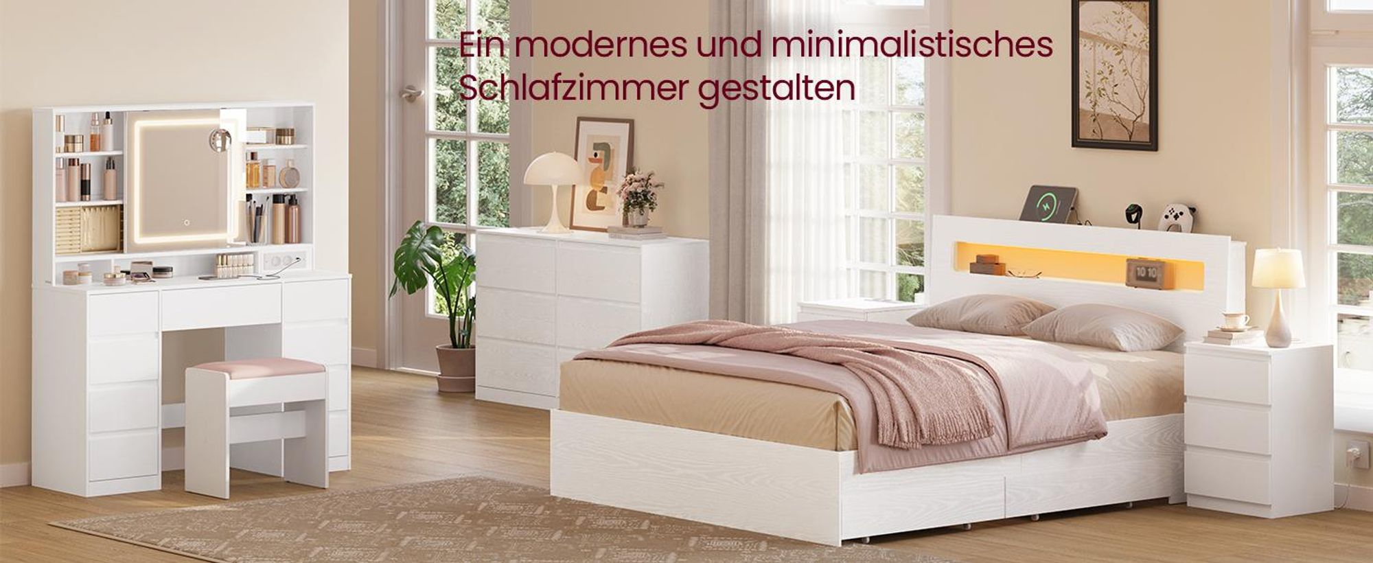 VASAGLE Schminktisch, mit Ladestation, 9 Schubladen, 10x Vergrößerungsspiegel, werkzeuglose Gleitschienen,