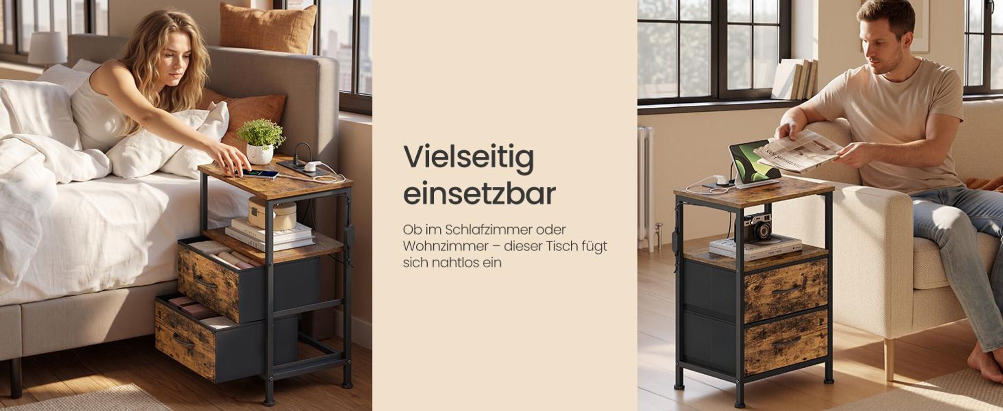 SONGMICS Nachttisch mit LED-Beleuchtung und Ladestation, 2er Set, Nachttisch mit 2 Schubladen und offenem Fach, braun