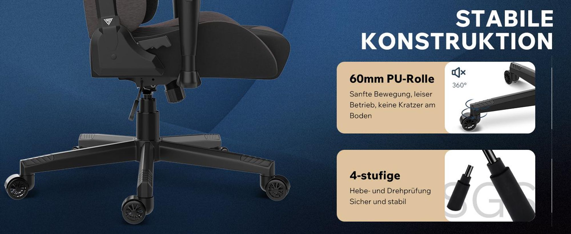 SENSE7 Spellcaster SENSHI Gaming Stuhl Stoff Grau-Schwarz - Ergonomischer Bürostuhl Schreibtischstuhl Zockerstuhl 150kg 2D-Armlehnen Chefsessel