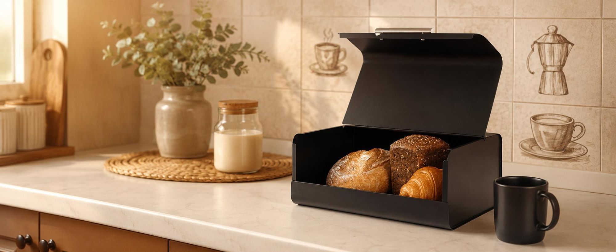 BEGRYF Brotkasten Metall Schwarz 36x20,5x14,5 cm Brotdose mit Deckel Küchenbehälter modern