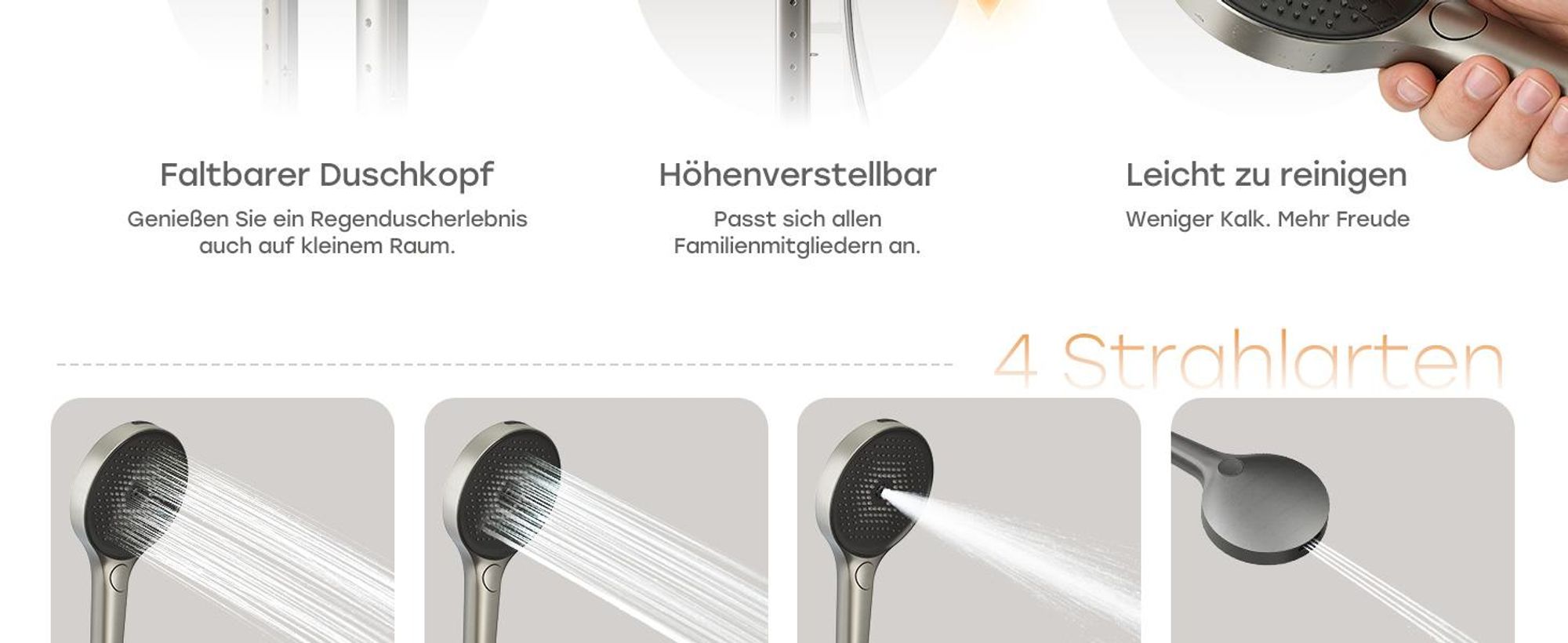 HOROW Regendusche Set mit Thermostatarmatur, Grau Duschset Duschsystem mit 4 Massage-Modi, Klappbares Duschset, Höhenverstellbar, für Badewannen
