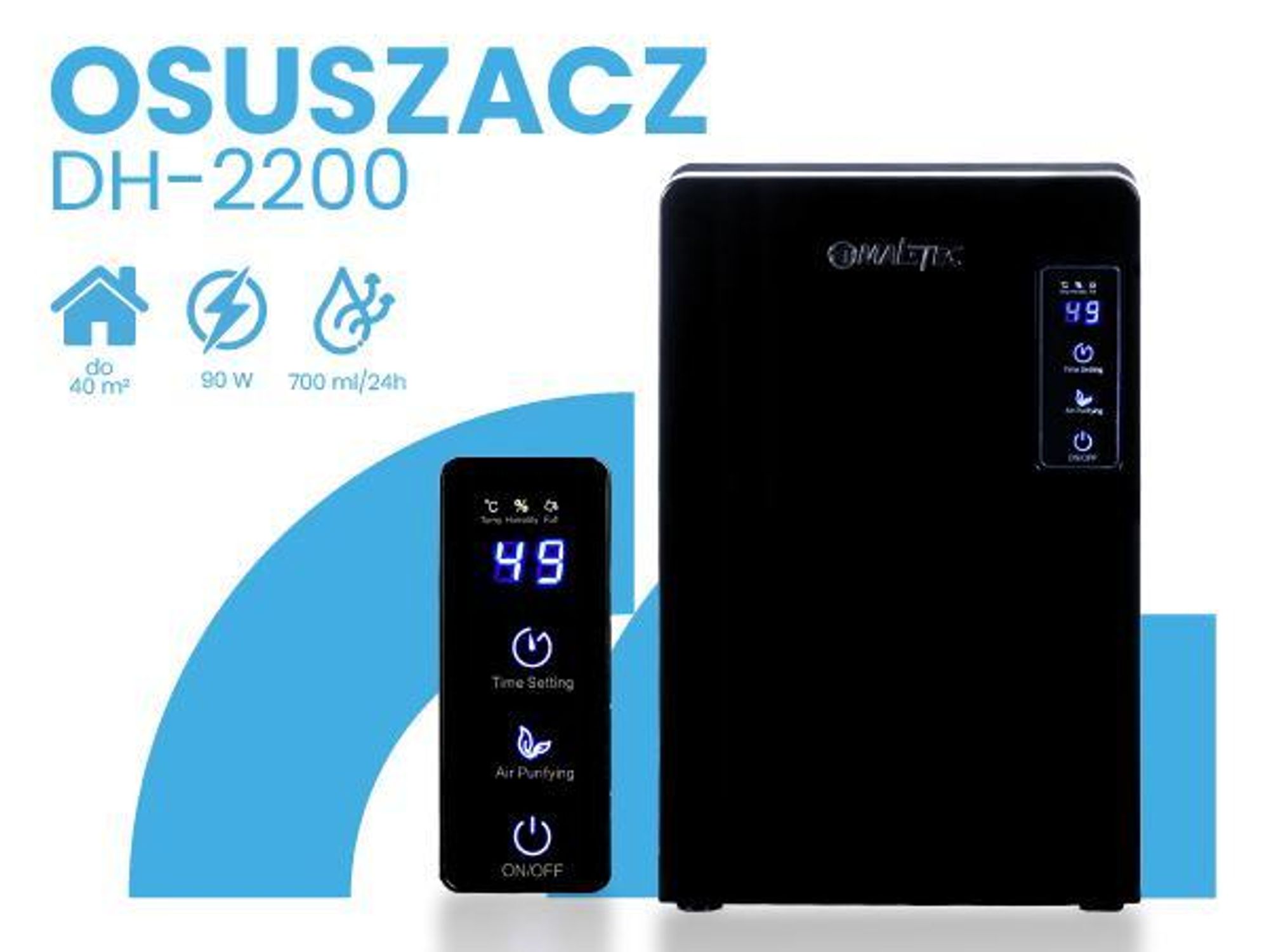Osuszacz powietrza zdalnie sterowany z timerem, z funkcją automatycznego rozmrażania