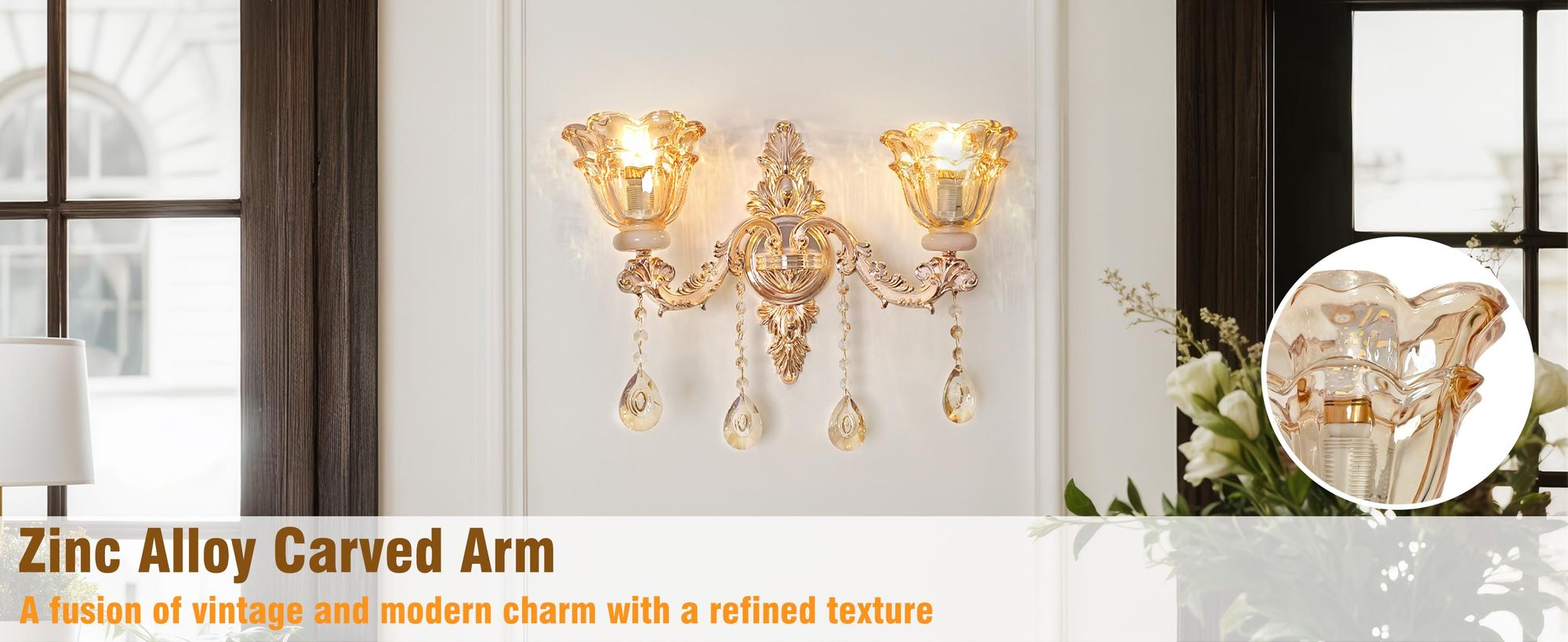 WISFOR Kristall Wandlampe Wandleuchten Nachtlichter Barock Glas 2700K 4500K 6500K inkl.2x E14-LED 900lm Rokoko Luxus