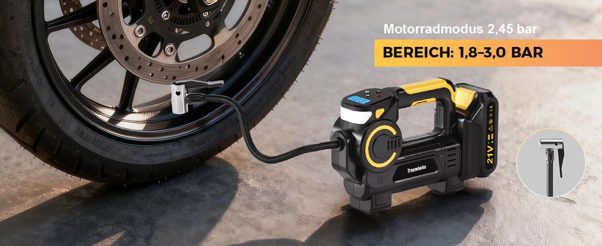 Akku Kompressor 4 in 1: multifunktionale Luftpumpe mit punktgenauer Digitalanzeige & Druckkontrolle, LED-Notleuchte & SOS, mit 1500mAh Akku &Netzkabel