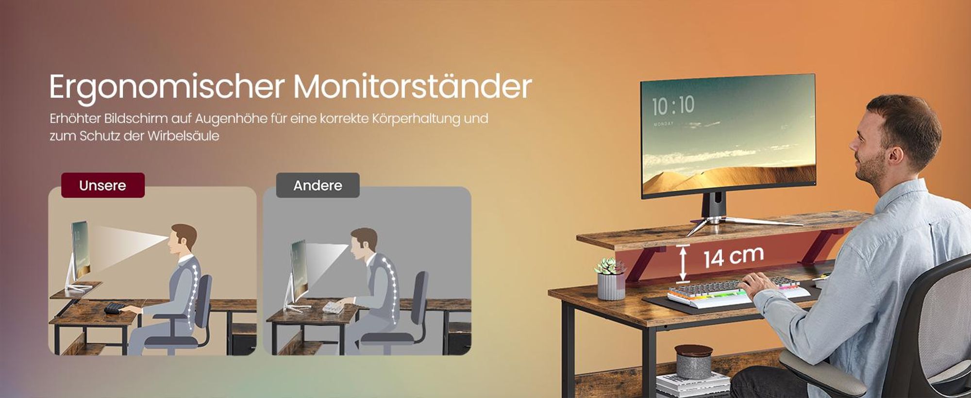 VASAGLE Schreibtisch, L-förmiger, mit Steckdosen, LED-Beleuchtung, USB-Anschlüsse