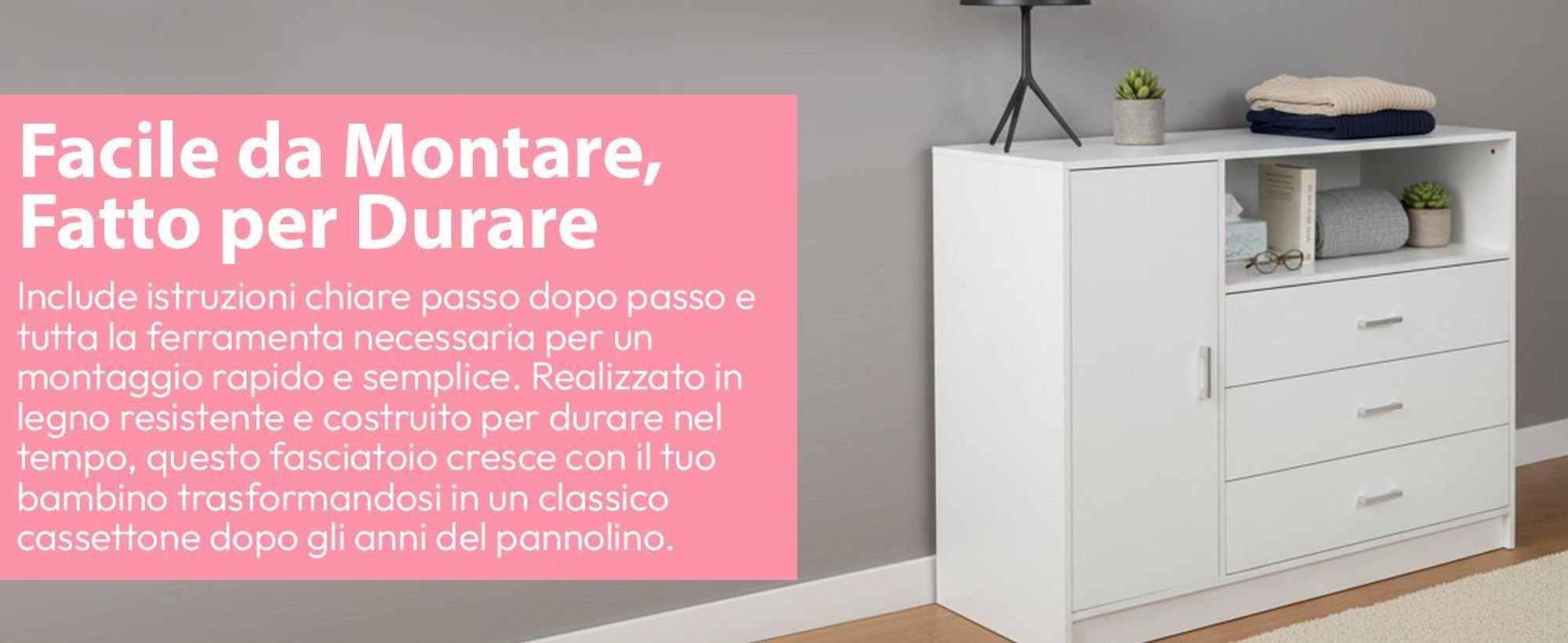 Cassettiera a fasciatoio, in legno, con piano a fasciatoio, 3 cassetti, 1 porta, altezza 100 cm, colore bianco, dimensioni 113 x 100 cm