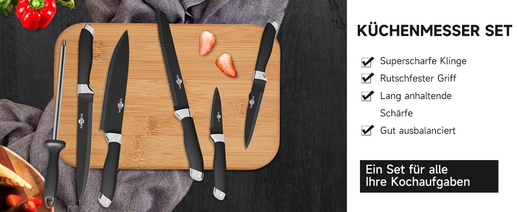 KAZUSHI Messerblock mit Messer 6-teilig, Scharfe Küchenmesser, Profi Messerset mit Block, Edelstahl Messer Set - Schwarz (KA-KN62)