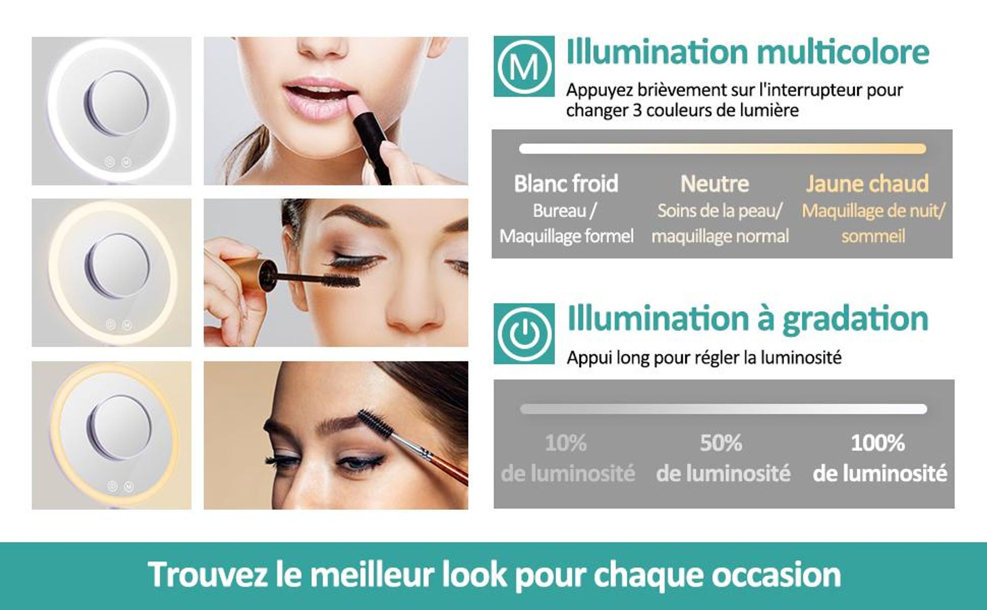 EMKE Miroir cosmétique LED avec 3 couleurs de lumière, grossissement 1/3x, interrupteur tactile et fonction mémoire, loupe pour miroir de salle de bain(Violet)