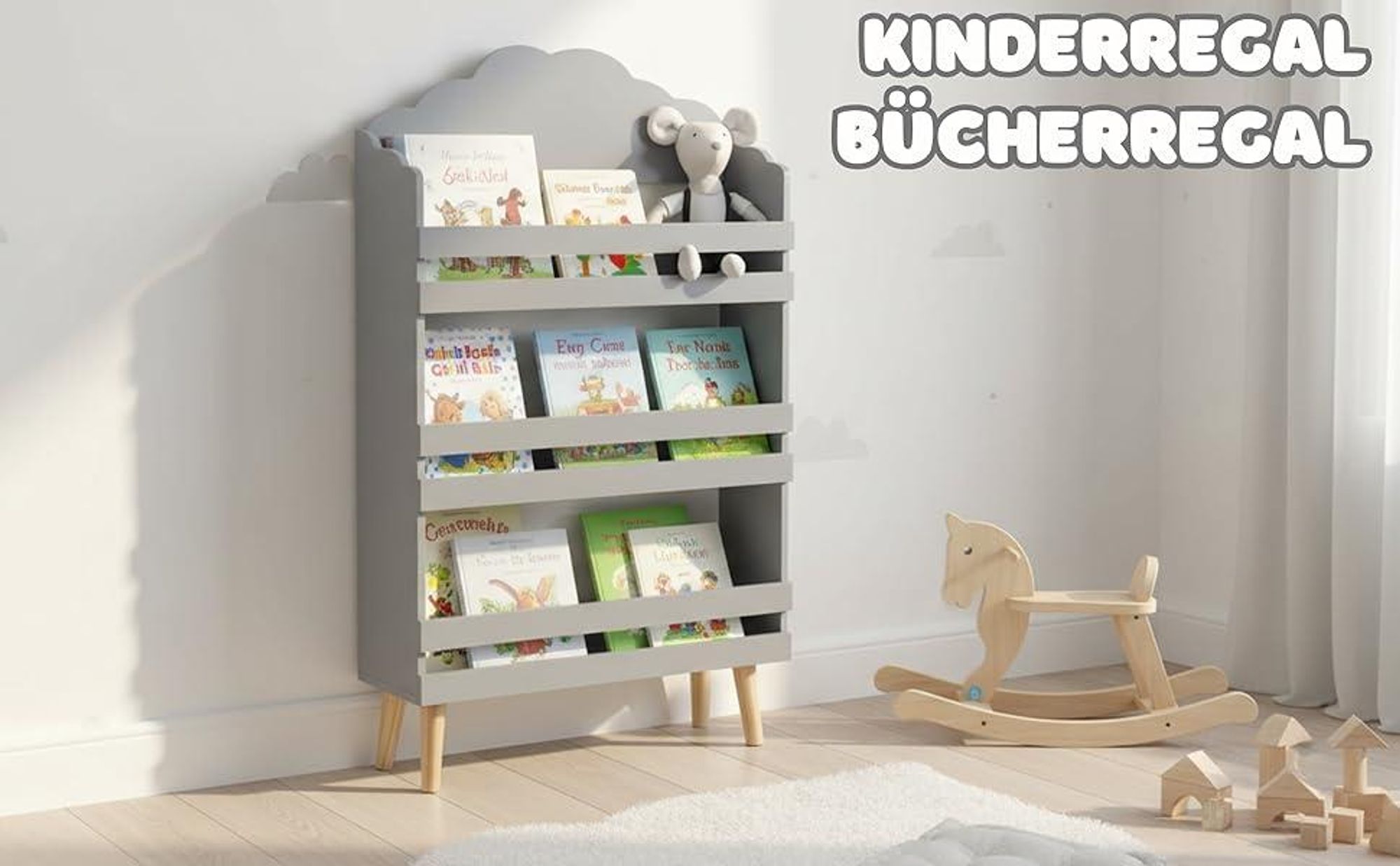 Kinderbücherregal, 3-stöckiges Kinderregal, aus MDF-Holz, 58x18x100cm - Grau
