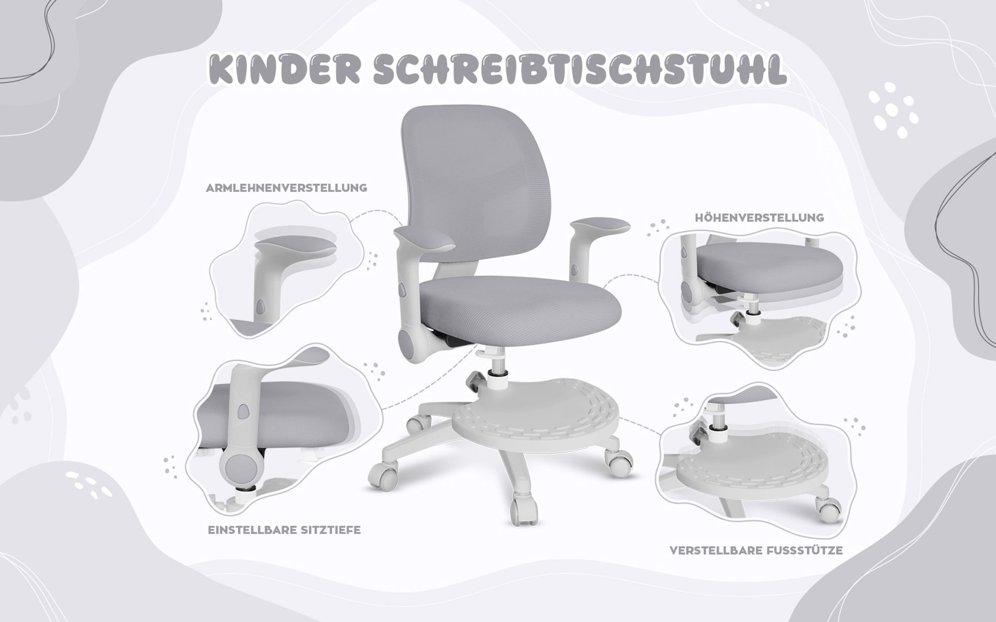 Mark Adler Junior 5.0 | Kinder Schreibtischstuhl Ergonomischer Kinderdrehstuhl | Fußablage | Sitztiefe einstellen | Verstellbare Armlehnen | Grau