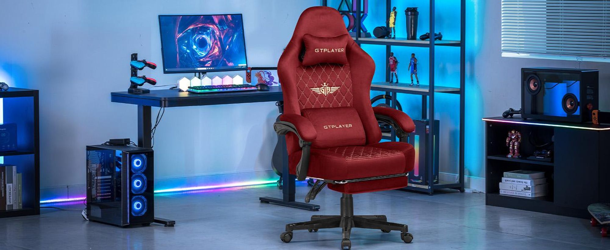 GTPLAYER Krzesło do gier Krzesło do gier z tkaniny Ergonomiczne krzesło biurowe Krzesło PC, regulowane i obrotowe krzesło biurkowe z podnóżkiem, czerwone