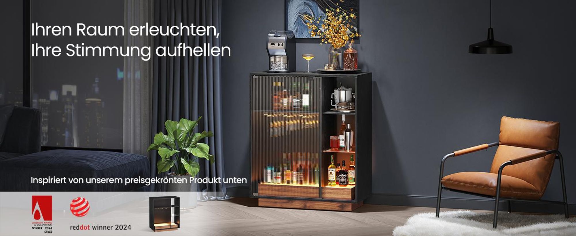VASAGLE Weinschrank mit Beleuchtung, Sideboard mit LED, Küchenschrank für Weinflaschen, Barschrank mit Weinglashalter, geriffelte Glastür