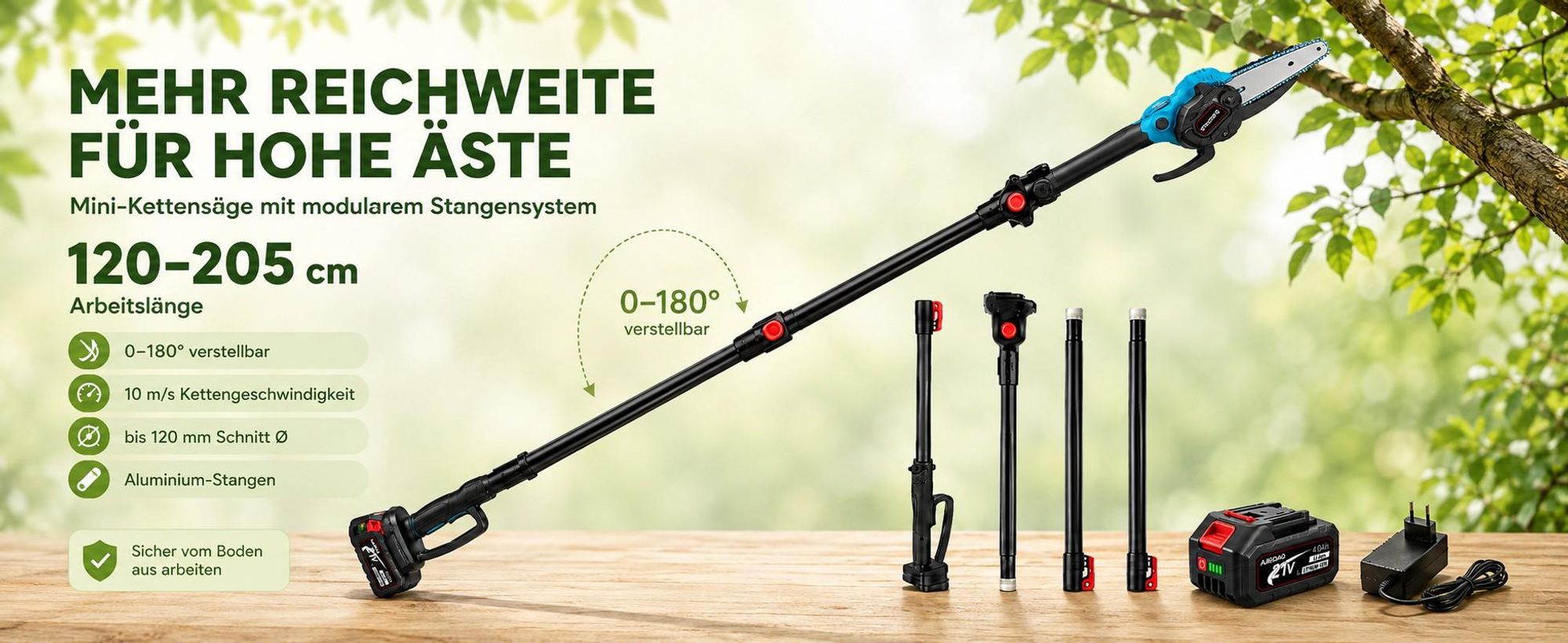 4-in-1 Akku-Hochentaster 21V Brushless, 6" Mini-Kettensäge & 40 mm Astschere, 2×4,0Ah Akkus, Teleskopstiel bis 205 cm