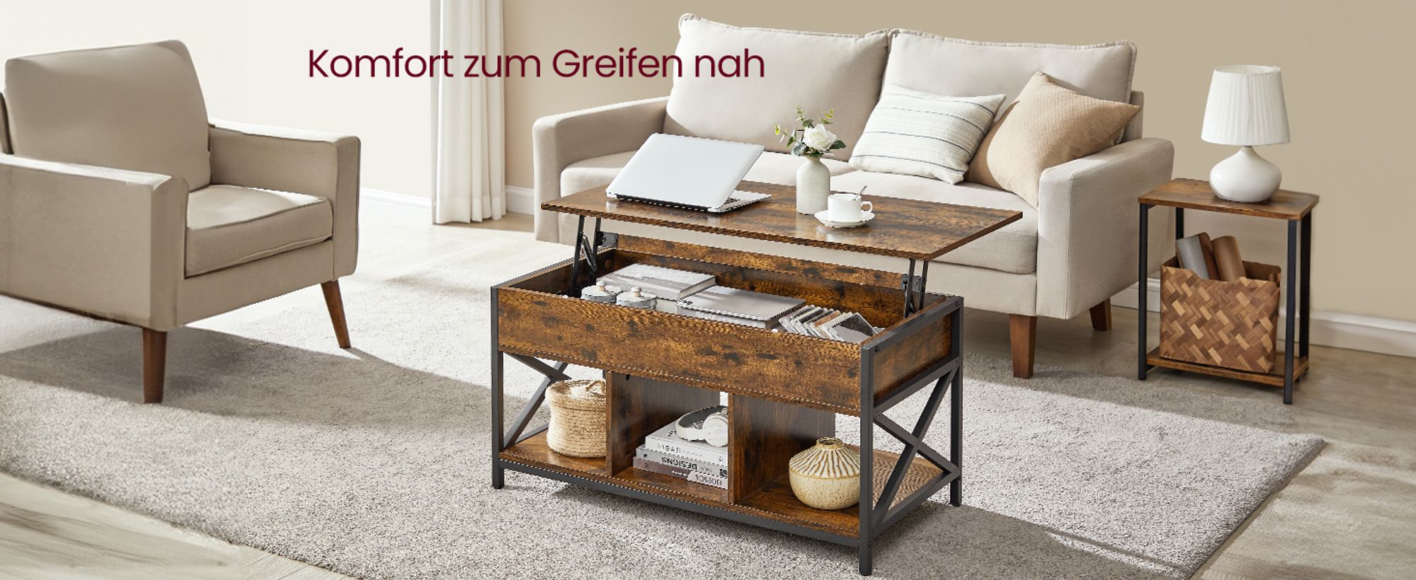 VASAGLE Couchtisch, höhenverstellbarer Wohnzimmertisch, 50 x 100 x (46,5-62) cm