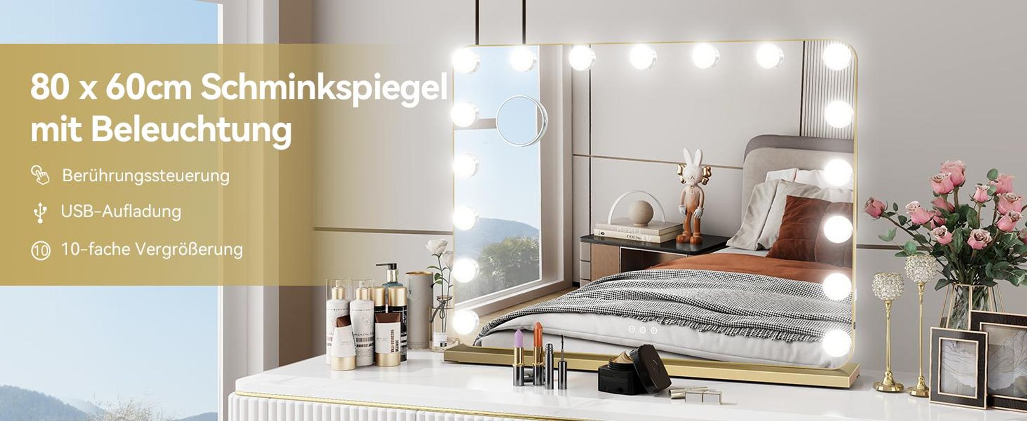 Puluomis Kosmetikspiegel Schminkspiegel 80x60cm Hollywood Spiegel Dimmbar mit 18 LED Beleuchtung 3 Farben, 10 Vergrößen, Wandspiegel golden, rund Ecke