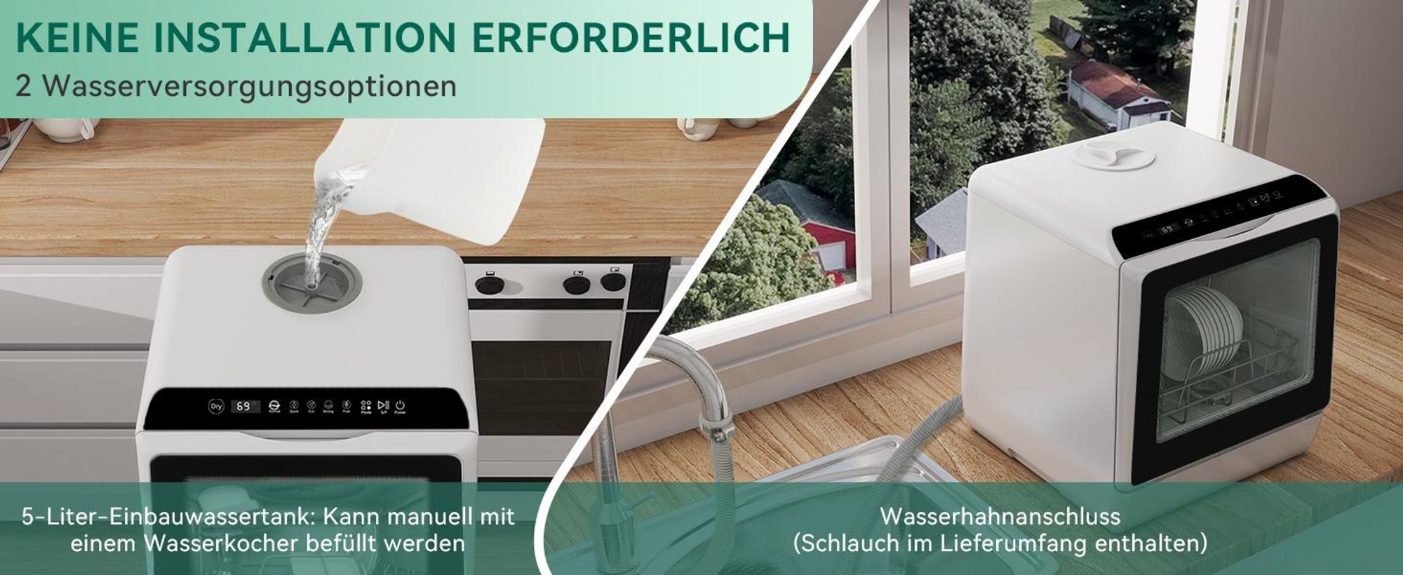 Puluomis Mini Geschirrspüler 45cm freistehend, Geschirrspülmaschine mit mit 5+1 Programe für 3 Gedecke, funktioniert mit/ohne Wasseranschluss, schwarz