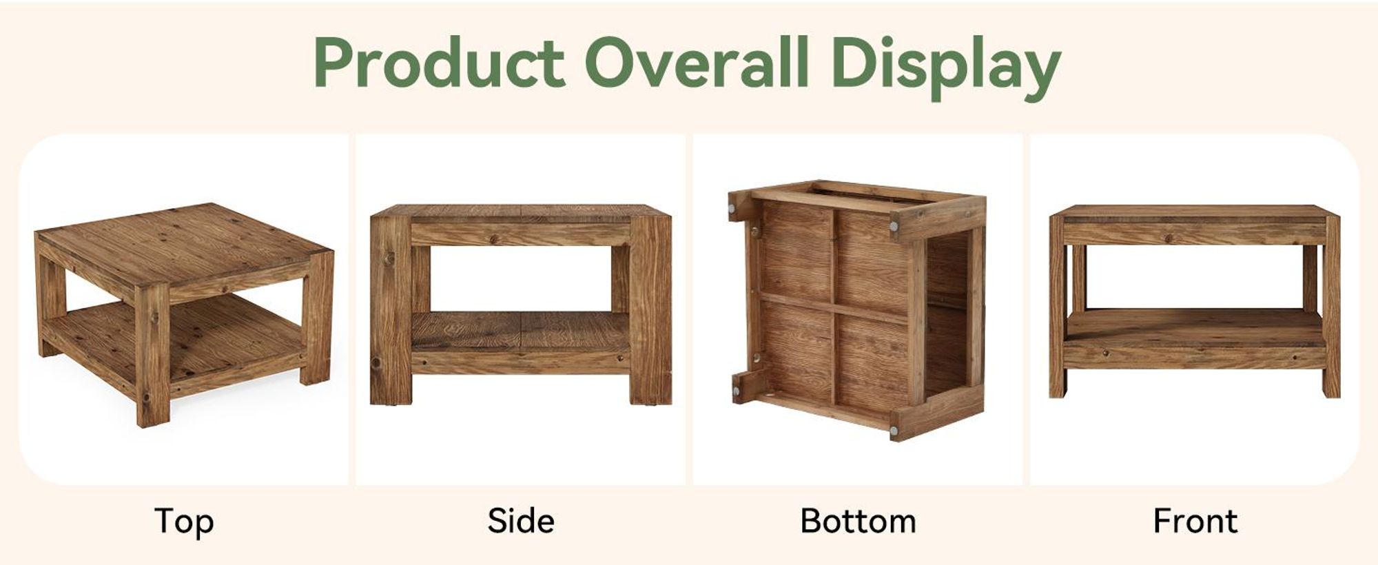 Tribesigns Massivholz Couchtisch Quadratisch 80 x 80 cm, Landhausstil Wohnzimmertisch mit Stauraum Braun, 2-stöckiger Kaffeetisch für Wohnzimmer, Büro