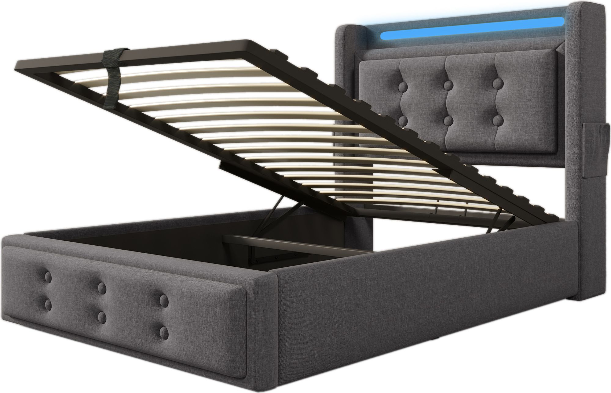 Flieks Polsterbett 90x200cm mit Ladefunktion, Einzelbett Jugendbett mit LED, Hydraulisches Stauraumbett Boxspringbett mit Lattenrost, Baumwolle, Grau