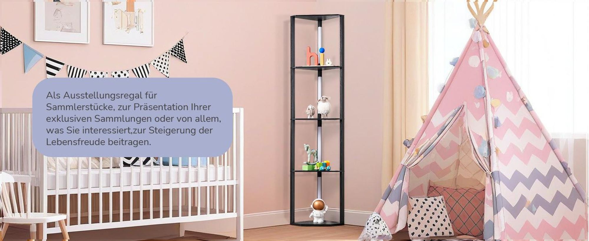 EDISHINE Stehlampe Dimmbar Wohnzimmer Schwarz, Standleuchte mit 4 Holz-Regal & 4 LED-Stangen 360° gedreht