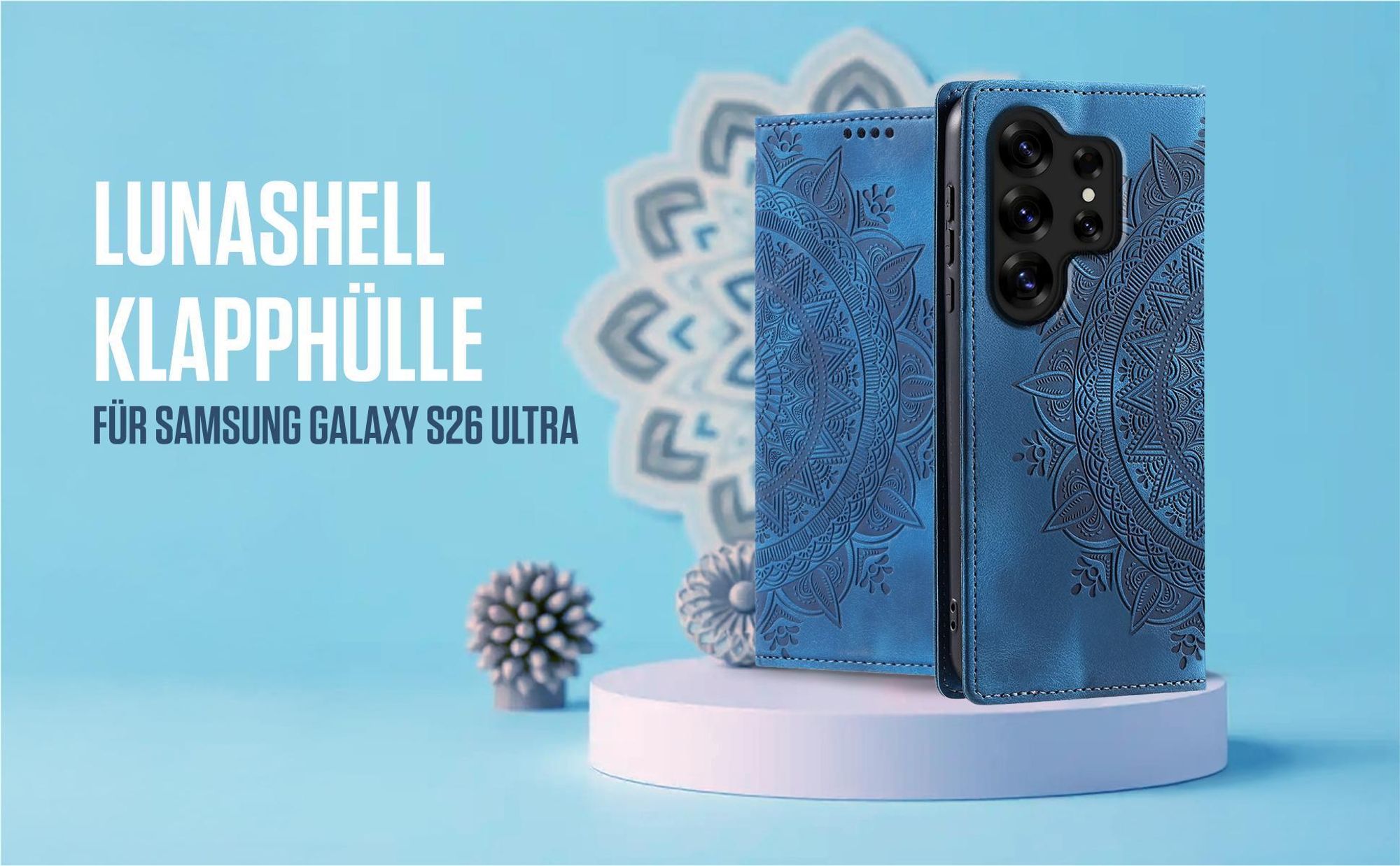 Blaue Klapphülle für Samsung Galaxy S26 Ultra mit feiner Mandala Prägung