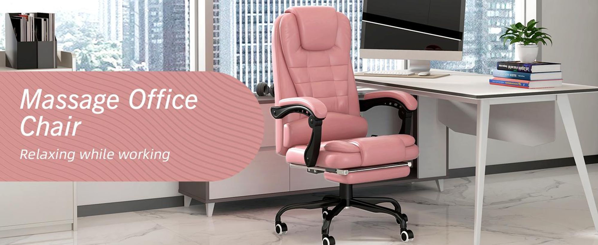 Fotel biurowy Vinsetto z funkcją masażu, ergonomiczny fotel biurowy z funkcją odchylania, obrotowy fotel biurowy z regulacją wysokości i pilotem, kieszeń boczna, sztuczna skóra, różowy
