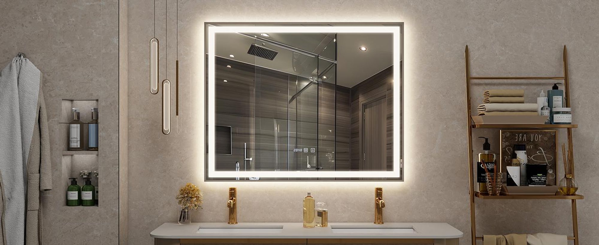 Puluomis Badspiegel 100x80 beschlagfrei mit 3 Farbe Beleuchtung, dimmbare Helligkeit, Badezimmerspiegel mit Digitaluhr, Temperatur silber