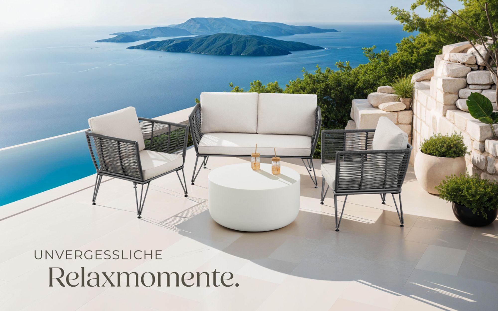 tectake® Garten-Loungeset Sundo im Rope-Design mit Polyrattan