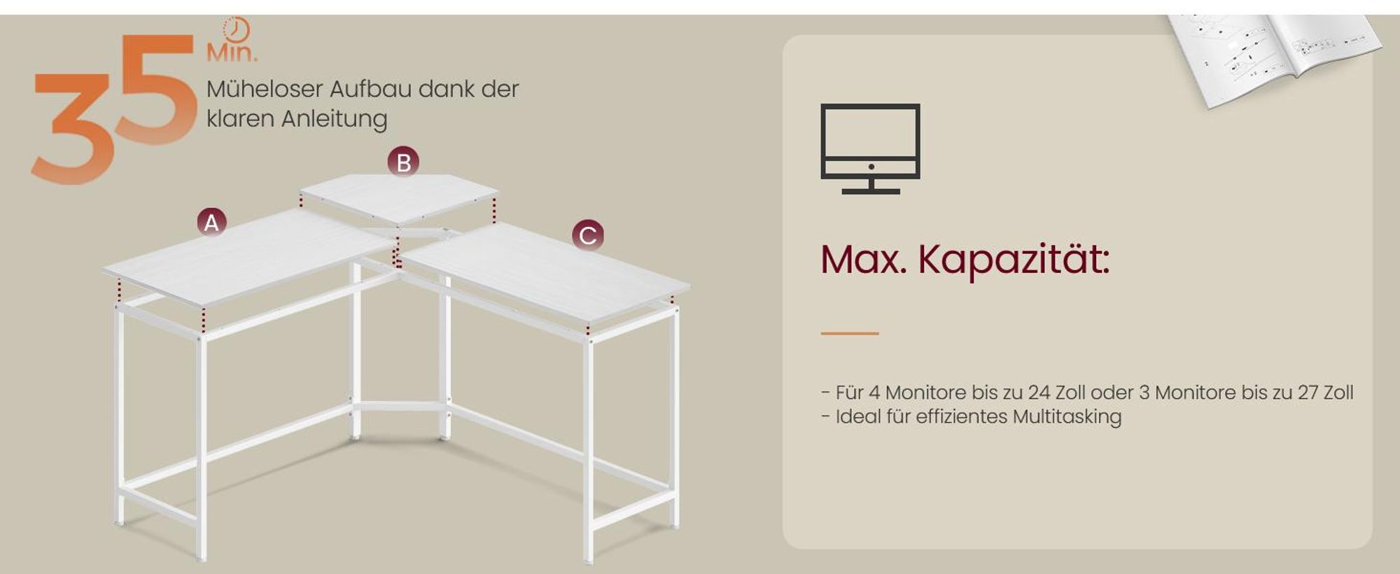 VASAGLE Schreibtisch, L-förmiger Computertisch, 140 cm, Eckschreibtisch, platzsparender Bürotisch, Gaming, Homeoffice, einfacher Aufbau