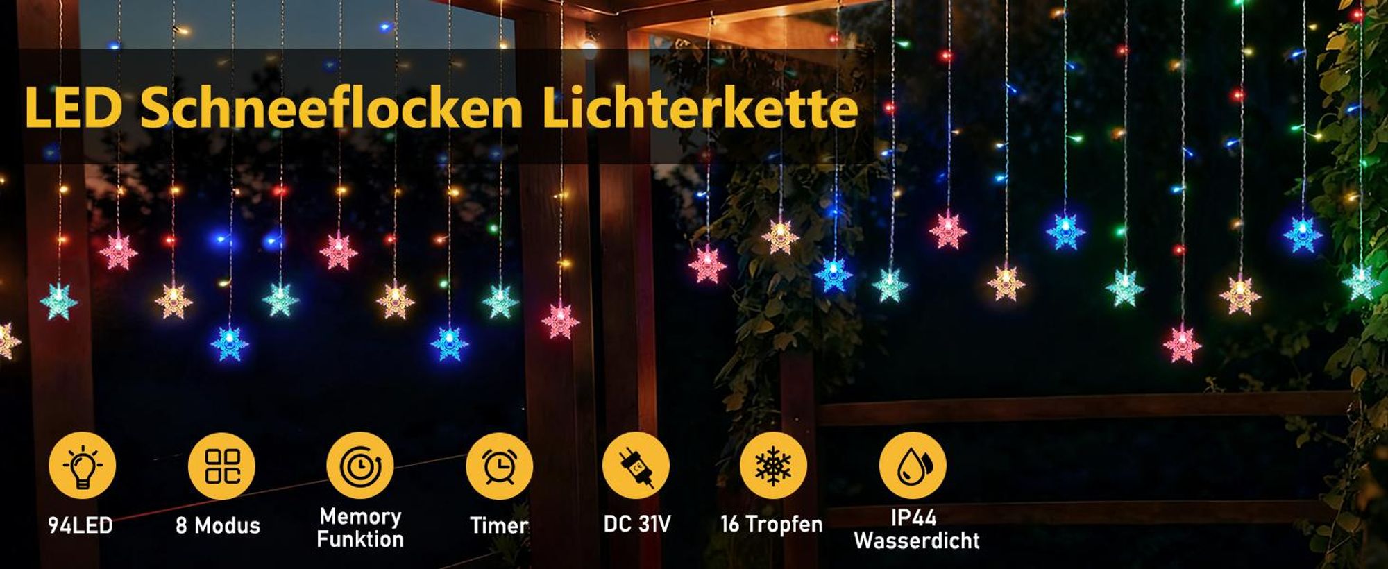 LED Schneeflocke Lichterkette Bunt Lichtervorhang 8 Lichtmodi Innen Party Garten Fenster Weihnachten Beleuchtung