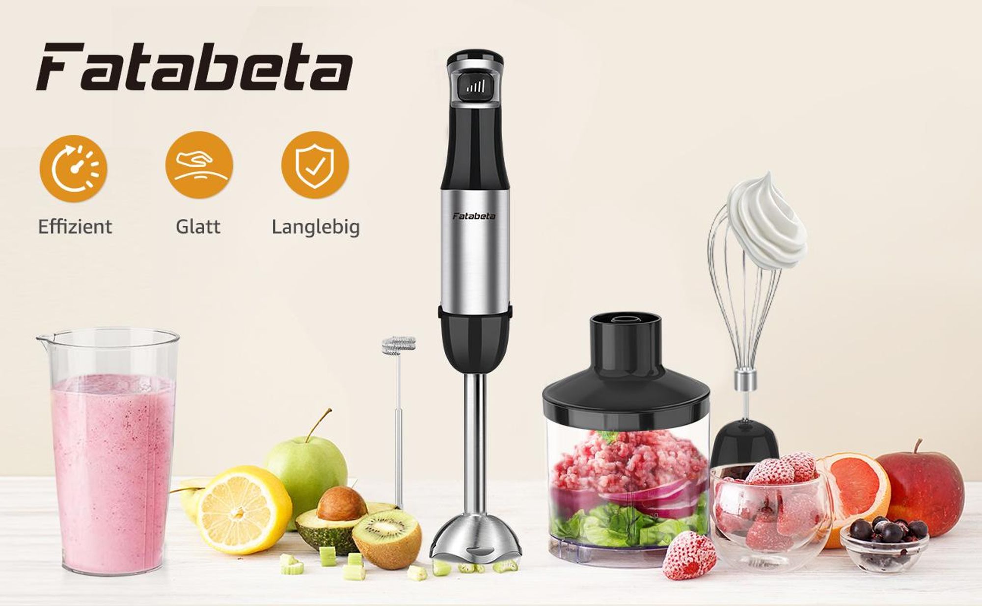 7MAGIC Pürierstab,4-en-1 Stabmixer Elektrischer,800W Stufenlos Geschwindigkeiten,Edelstahl,Schneebesen,Häcksler und Messbecher für Babynahrung,Schwarz