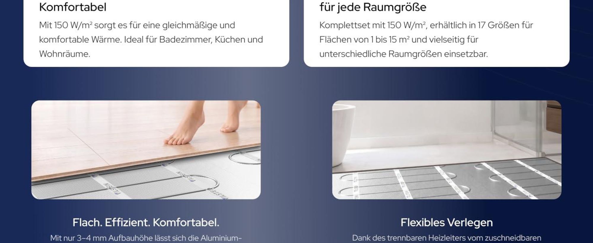 VILSTEIN Aluminium-Fußbodenheizung 150W/m² – Elektrische Heizmatte für Laminat, Parkett & Vinyl, selbstklebend, zuschneidbar, WiFi Touchscreen-Thermostat, Komplettset 15m²