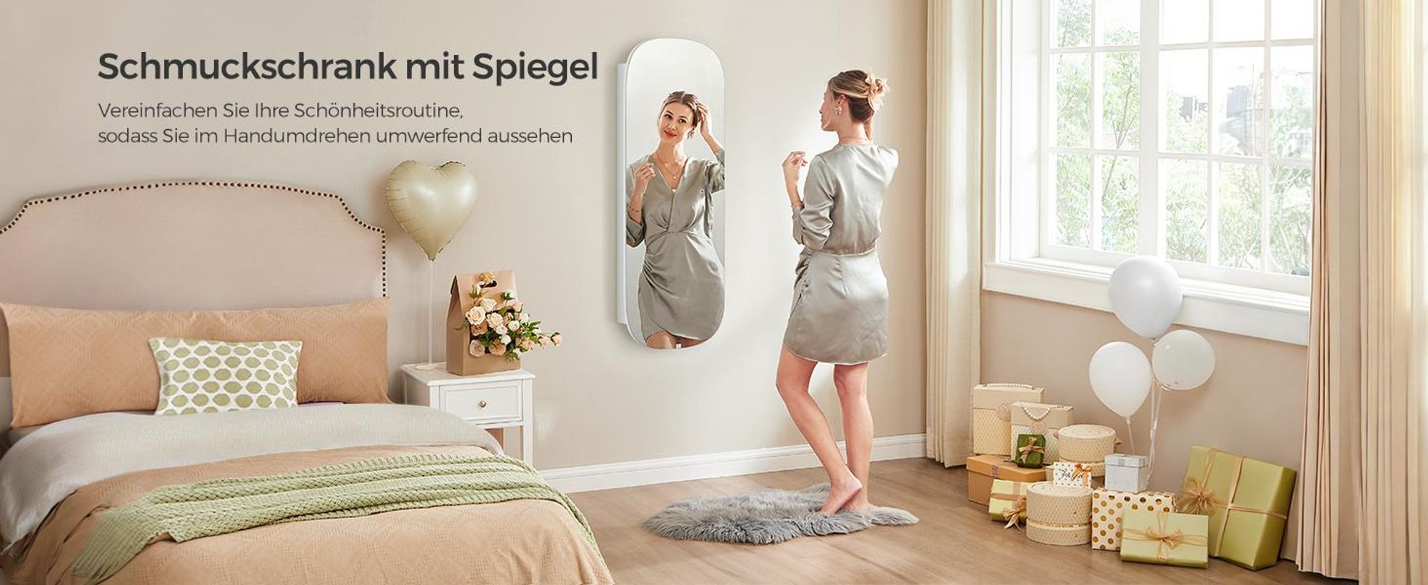 SONGMICS Schmuckschrank, Spiegelschrank, Schmuck-Organizer mit LED-Beleuchtung