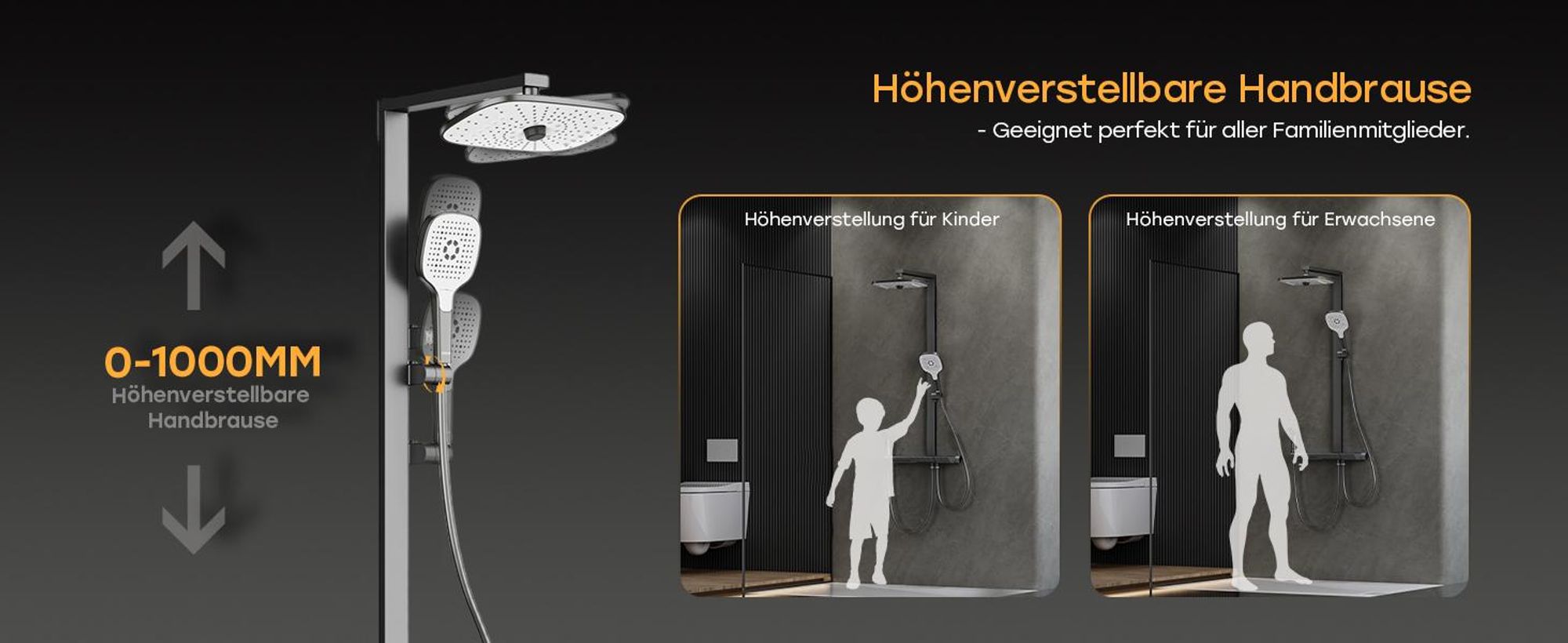 HOROW RainFlexi N2 Duschsystem mit Thermostat, Grau Regendusche Set mit 2 Handbrause, Wasserfallauslauf, Große Kopfbrause, Höhenverstellbar Duschset