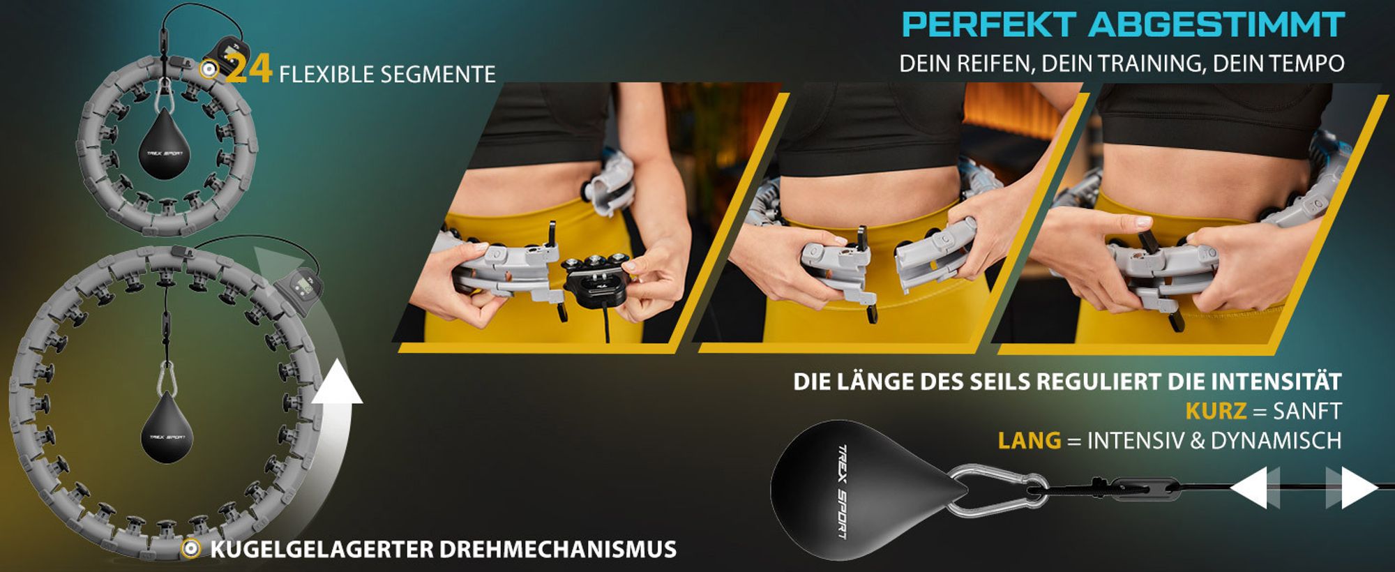 TREX SPORT Smart Hula Hoop Reifen mit Zähler TX-020CHH | Fitnessreifen mit LCD Display, 400g Gewicht, 24 Segmente, 360° Massage mit Noppen | Grau