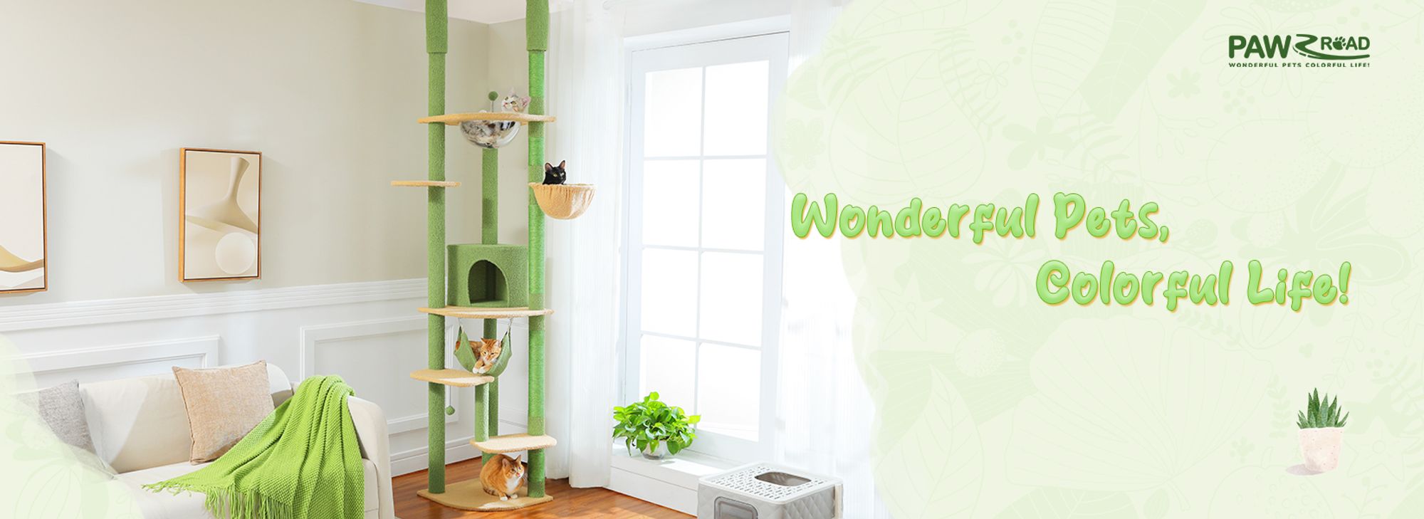 PAWZ Road XXL Katzenbaum 236-258cm mit Sisal-Kratzpfosten, Doppelkondo und Korb für Großkatzen