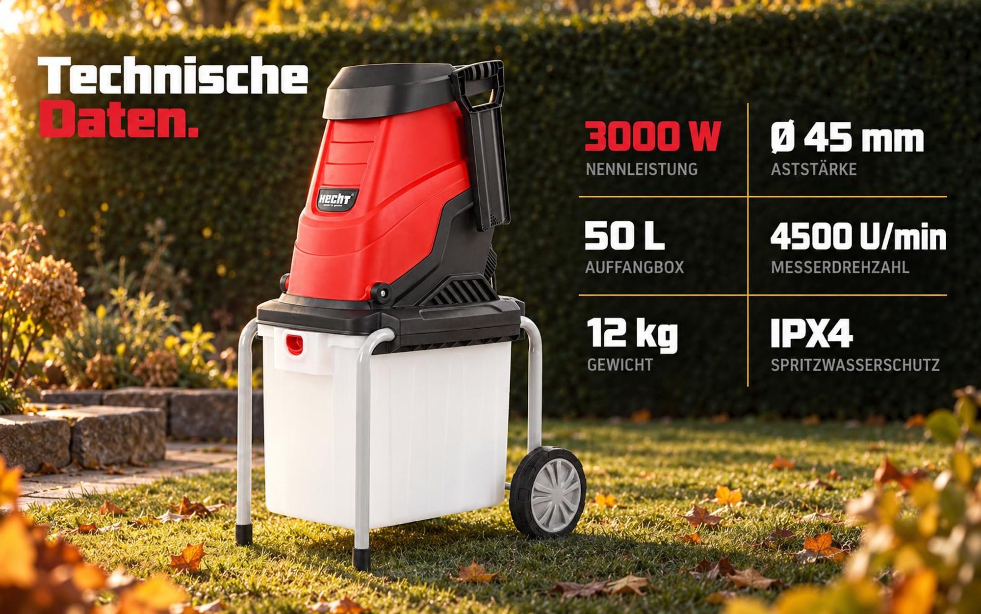 Gartenhäcksler Elektro HECHT 630 BOX | 3000 W | Für Äste bis Ø 45 mm | 50 Liter Auffangbox | Messerteller-Häcksler Holzhäcksler elektrisch
