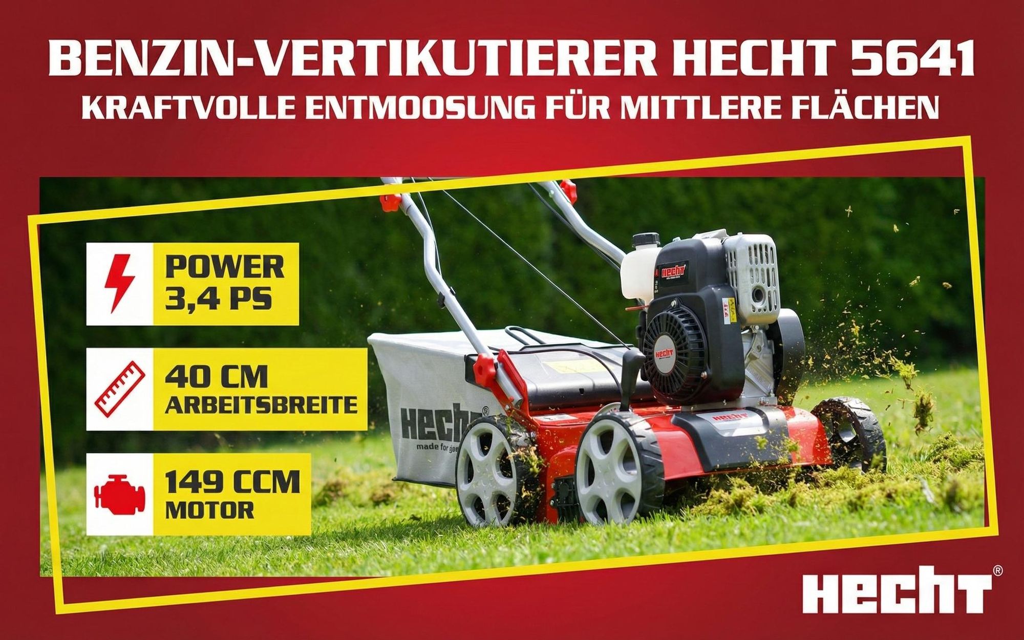 HECHT 5641 Vertikutierer Benzin | 2in1 Rasenlüfter | 40 cm Arbeitsbreite | 5,5 PS | 45L Fangkorb | 18 Messer | 24 Krallen