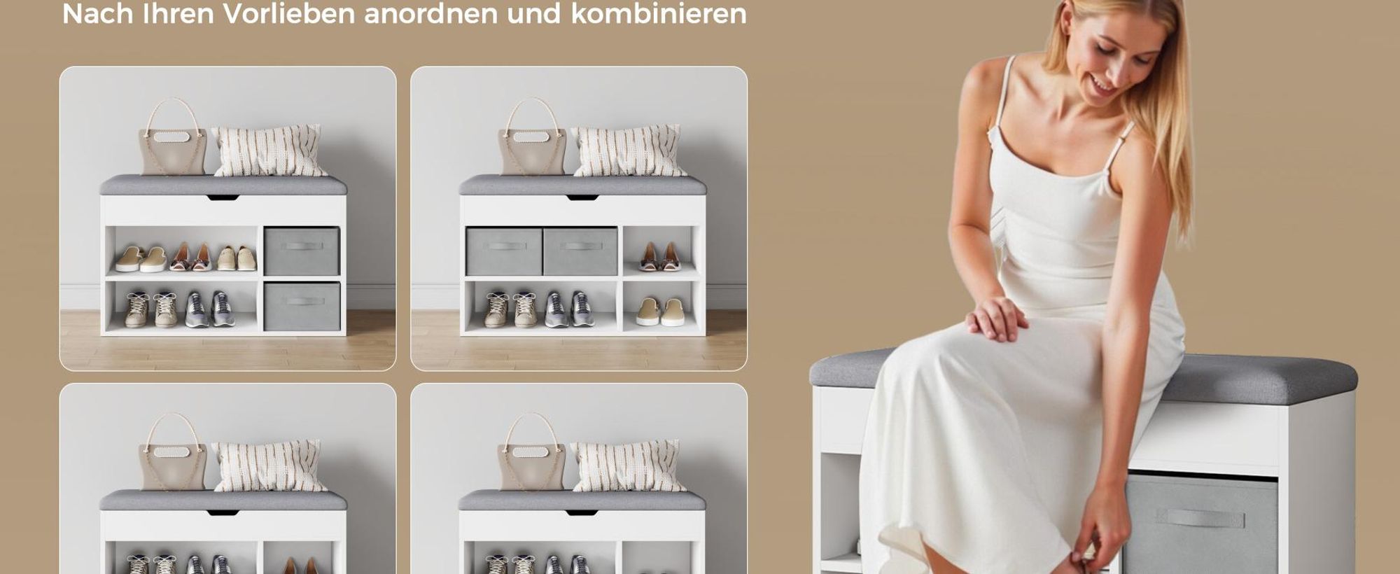 Mondeer Schuhbank mit Sitzfläche, Holzschuhablage mit Stoffschublade und Aufklappbarem Kissen, für Wohnzimmer, 80 x 48 x 30 cm, Weiß