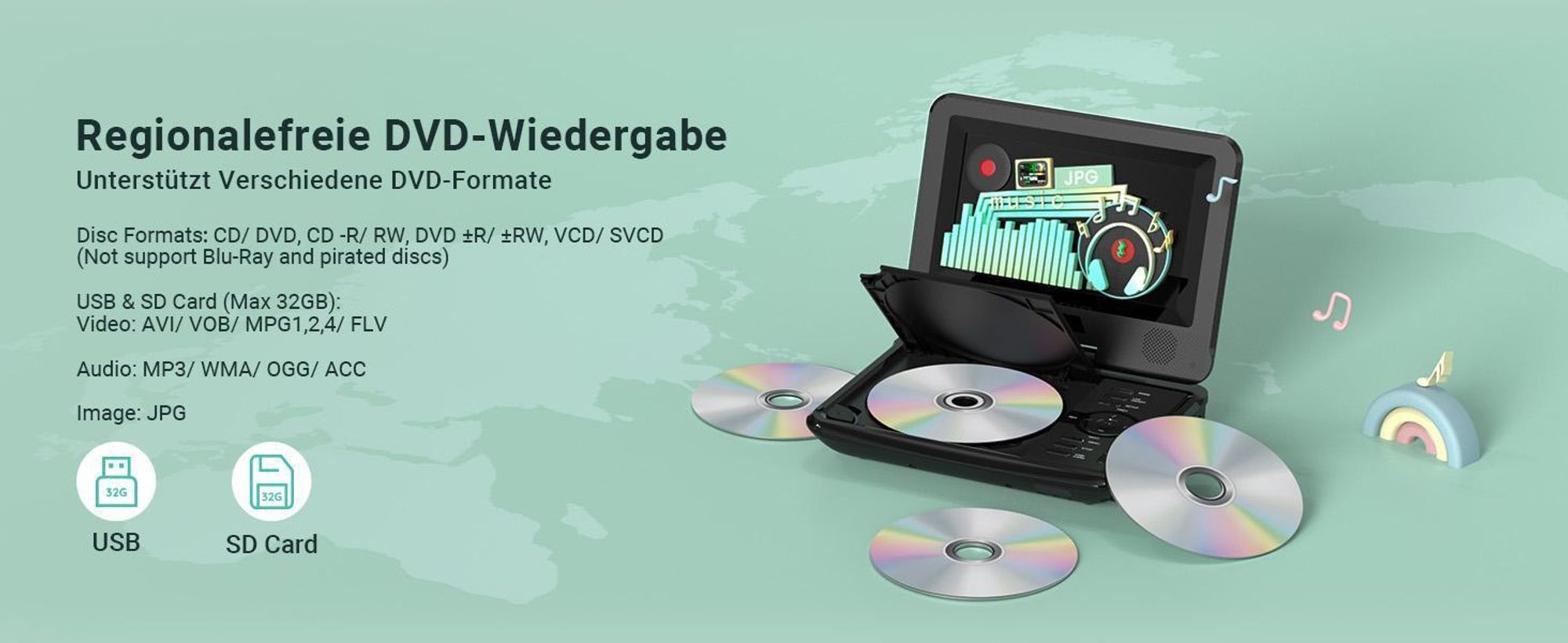 9,5" Tragbarer DVD-Player mit 7,5"HD-Schwenkdisplay, 4-6h Akkulaufzeit Unterstützt Mehrere Formate TV/Beamer-Anschluss Speicherfunktion